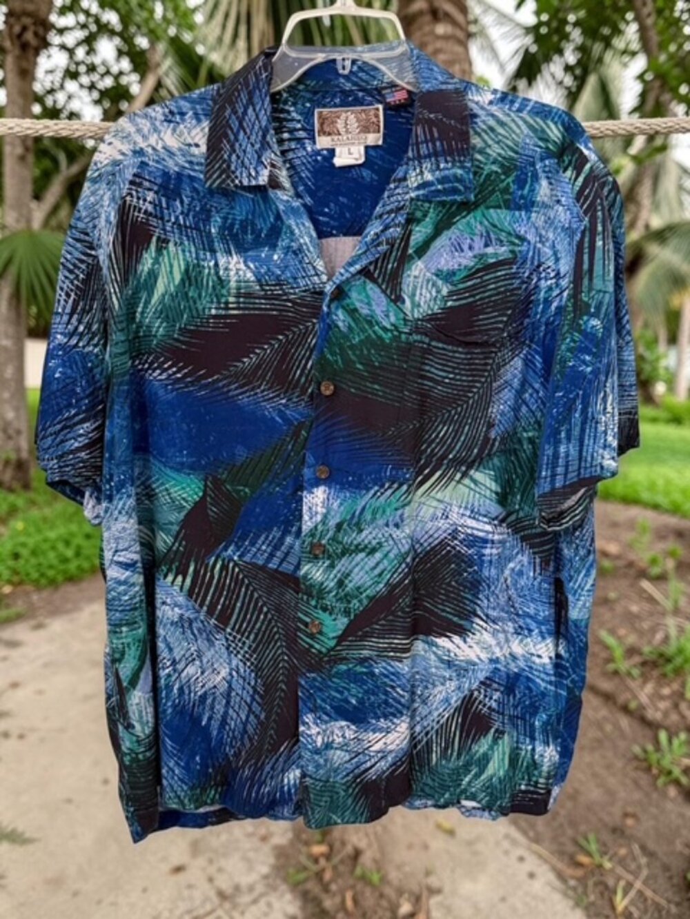 Kalaheo Shirt Men Large Blue Green Floral Palm Button Up Hawaiian Rayon 258